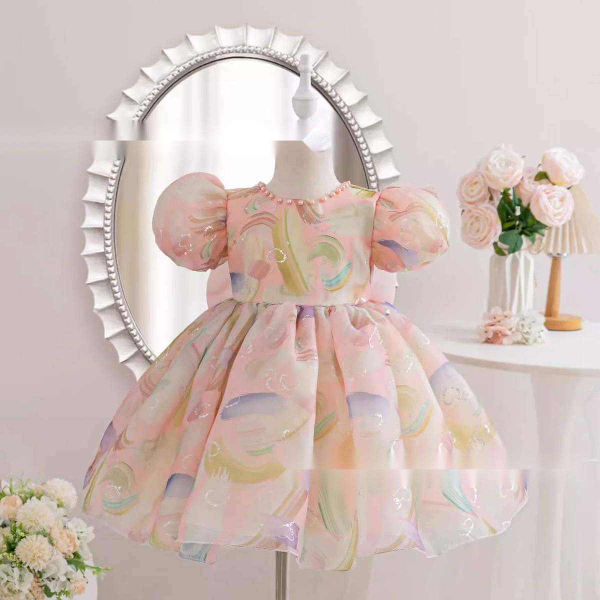 Girls Puff Sleeve Bow Dress - Birthday Party