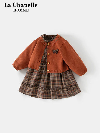 Girls Autumn Set - Plaid Princess Dress and Cardigan
