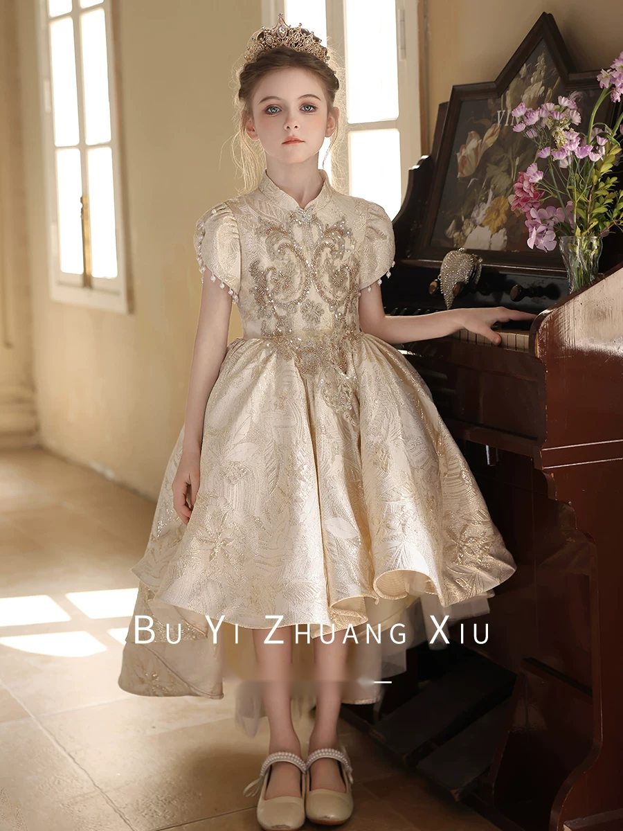 Girls Champagne High-Low Flower Girl Dress