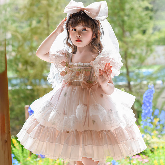 Girls Strawberry Puff Sleeve Birthday Dress - Lolita Twirl Gown