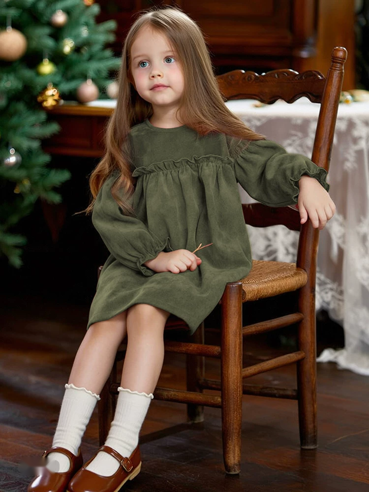 Girls Fleece-Lined Long Sleeve Dress - French Vintage
