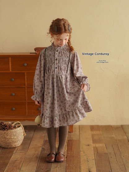 Girls Floral Long Sleeve Cotton Dress - French Vintage Autumn