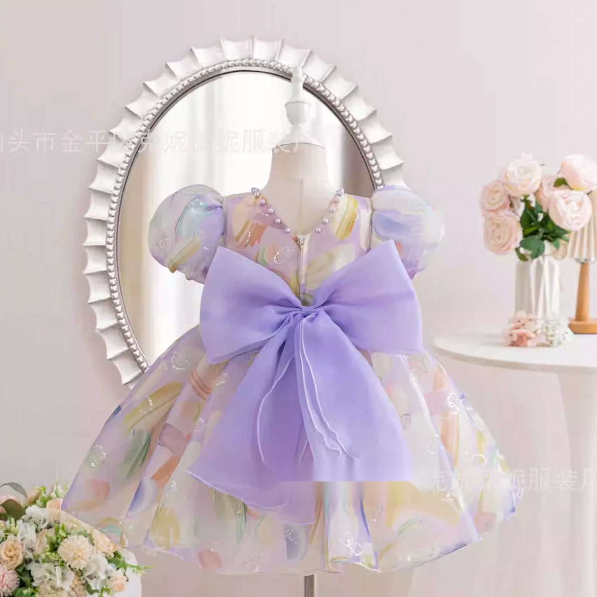 Girls Puff Sleeve Bow Dress - Birthday Party