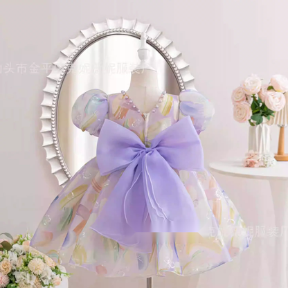 Girls Puff Sleeve Bow Dress - Birthday Party
