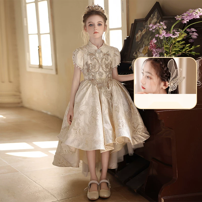 Girls Champagne High-Low Flower Girl Dress