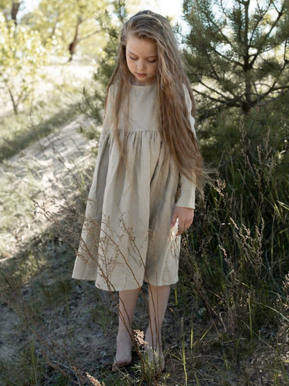 Girls Cotton Linen Dress - Solid Nordic Vintage