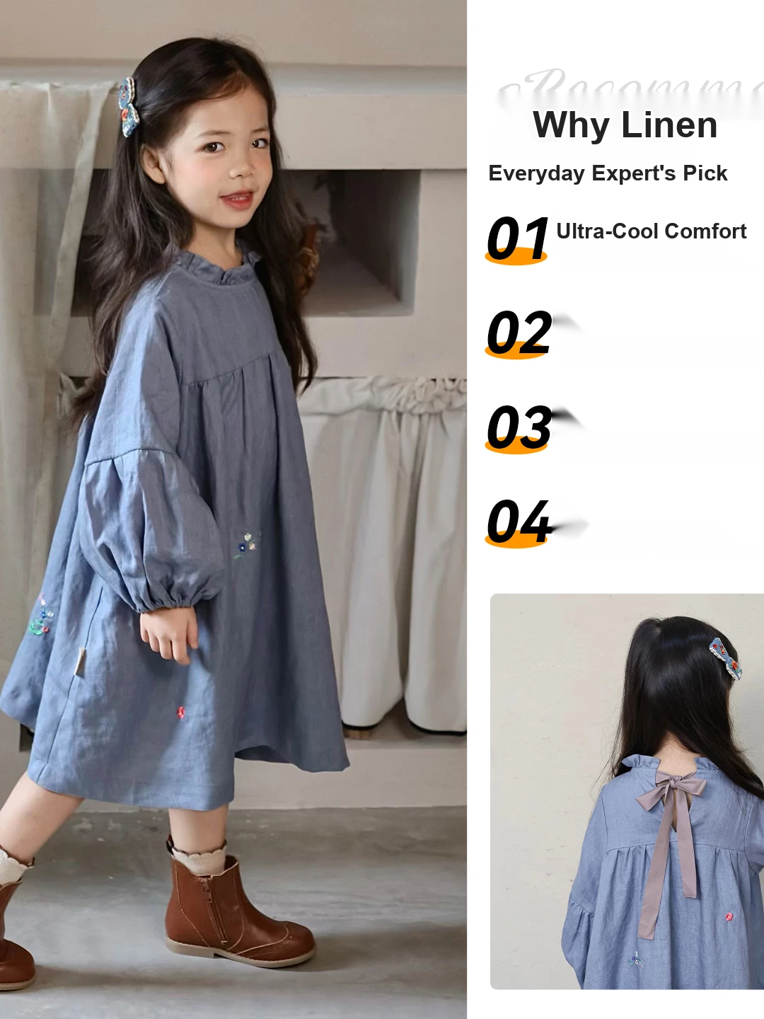 Girls Pure Linen Embroidered Dress - Puff Sleeve
