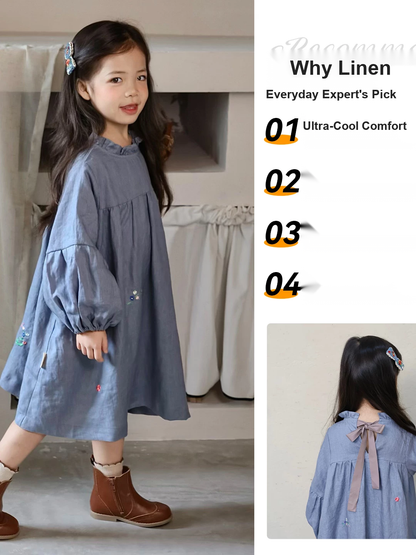 Girls Pure Linen Embroidered Dress - Puff Sleeve