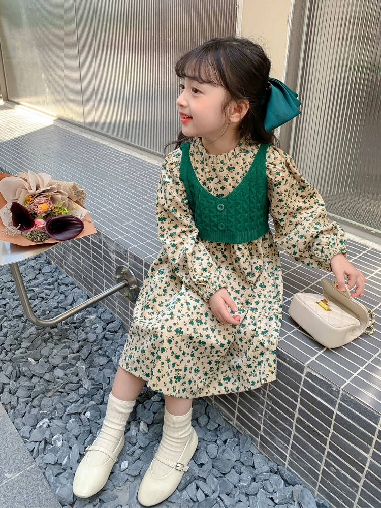 Girls Floral Dress and Knit Vest Set - Corduroy Two-Piece Autumn