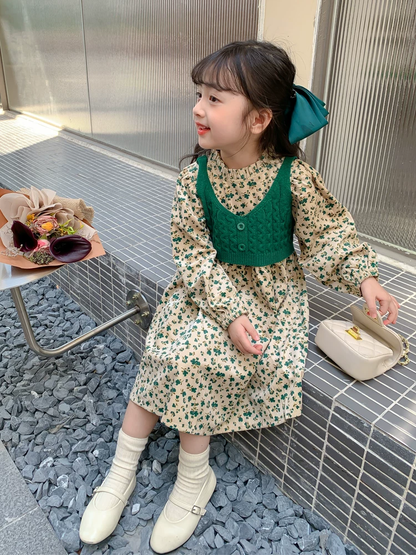 Girls Floral Dress and Knit Vest Set - Corduroy Two-Piece Autumn