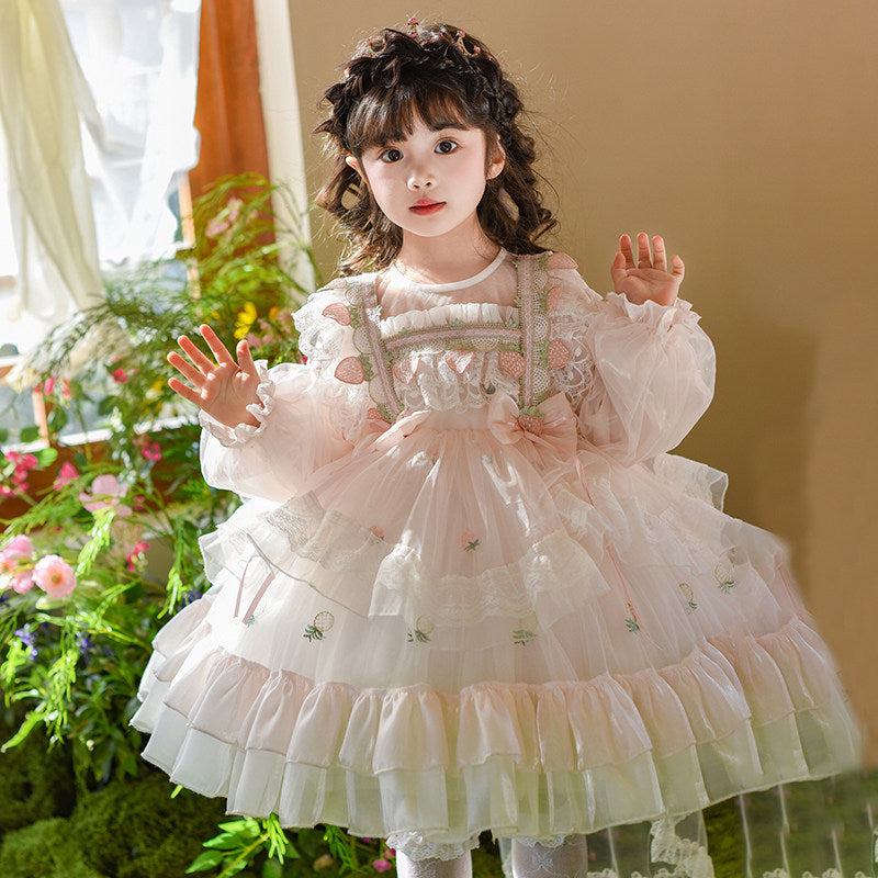 Girls Strawberry Puff Sleeve Birthday Dress - Lolita Twirl Gown