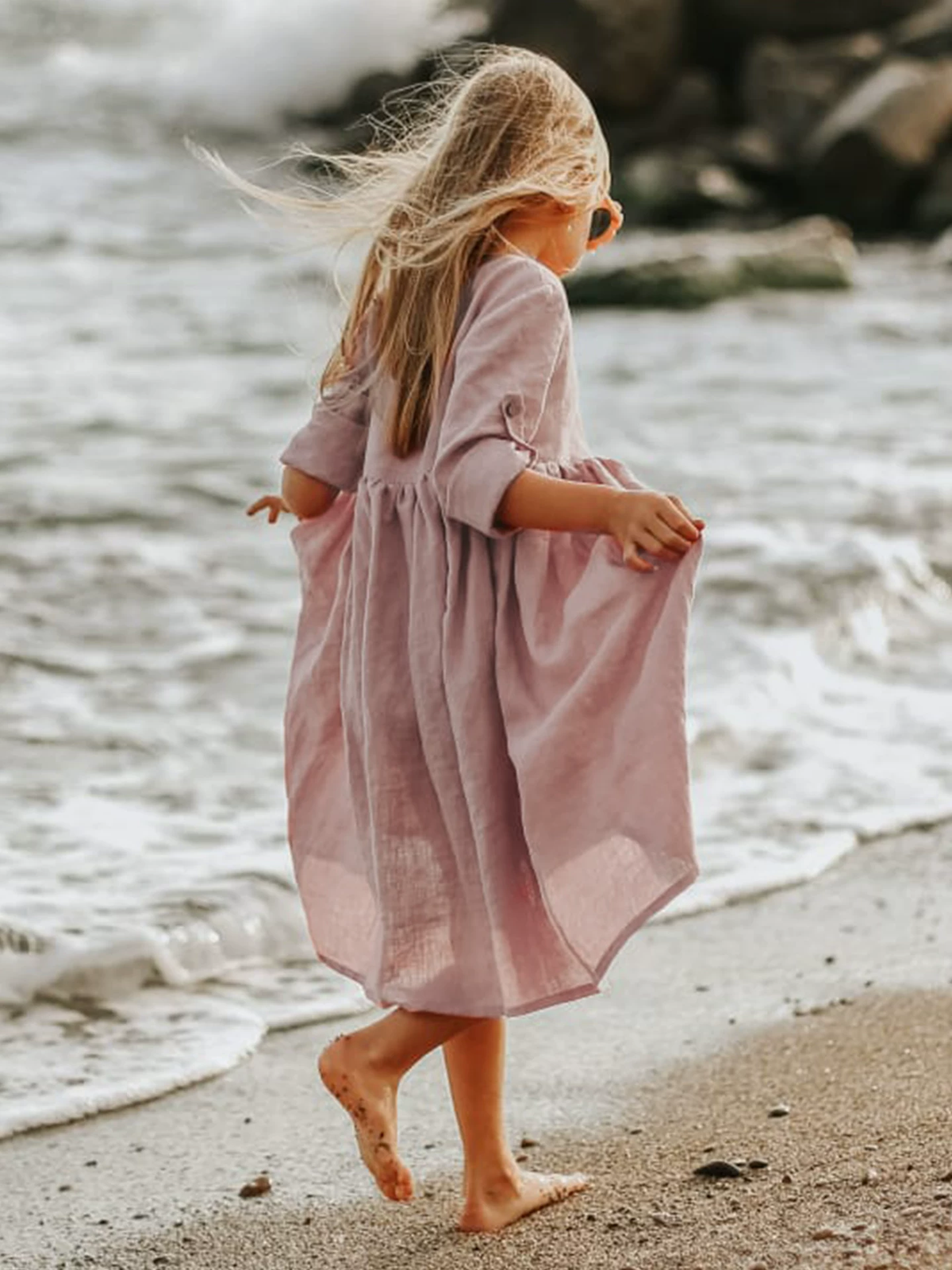 Girls Cotton Linen Dress - Solid Nordic Vintage
