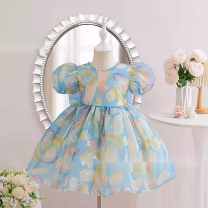 Girls Puff Sleeve Bow Dress - Birthday Party