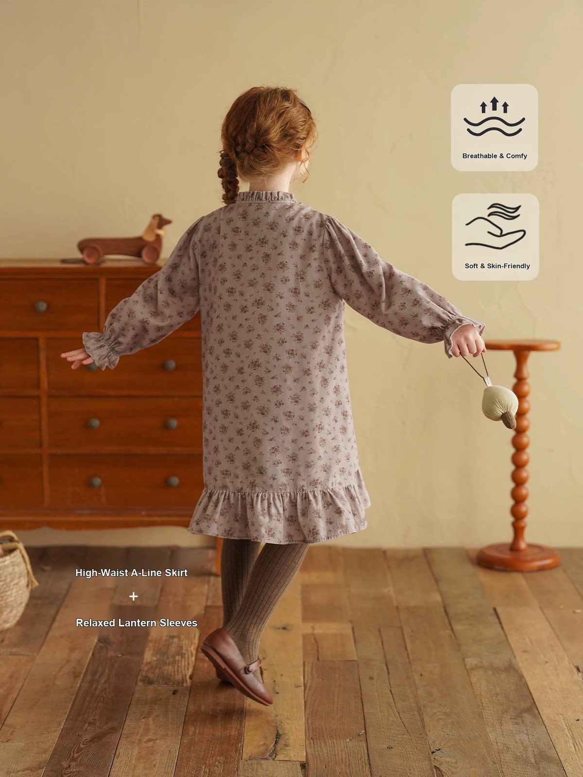Girls Floral Long Sleeve Cotton Dress - French Vintage Autumn