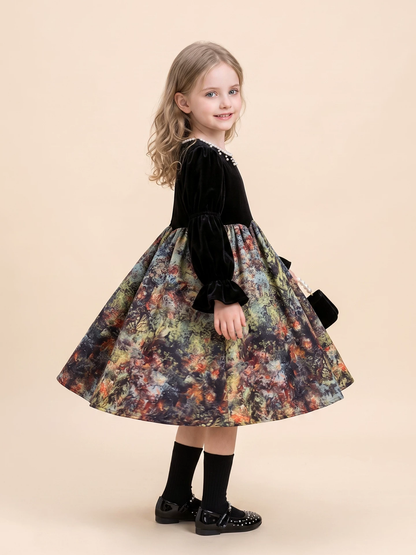 Girls Black Velvet Hepburn Dress - Long Sleeve