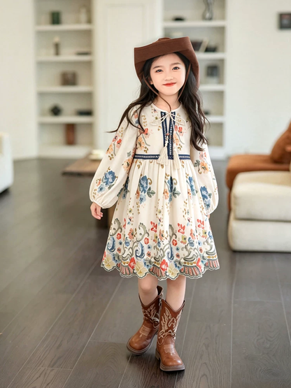 Girls Boho Dress - Ethnic Floral Print with Tassel