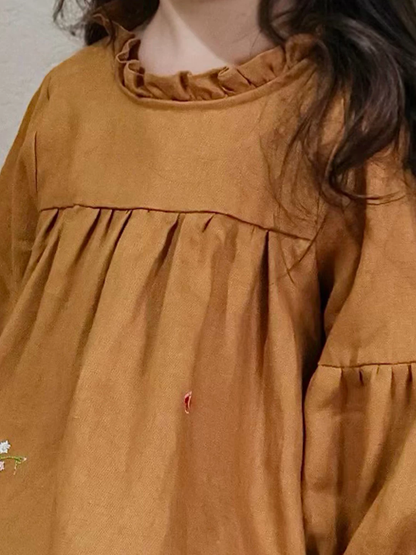 Girls Pure Linen Embroidered Dress - Puff Sleeve