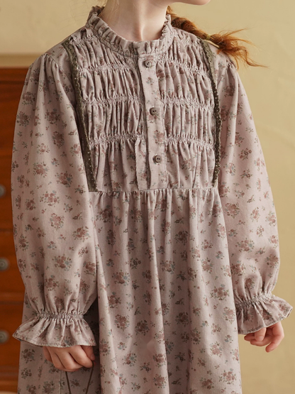 Girls Floral Long Sleeve Cotton Dress - French Vintage Autumn