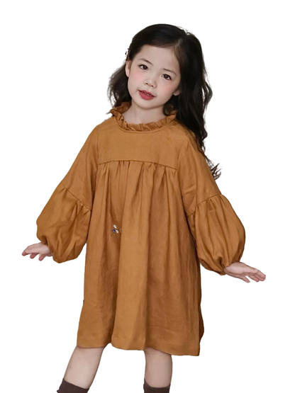 Girls Pure Linen Embroidered Dress - Puff Sleeve