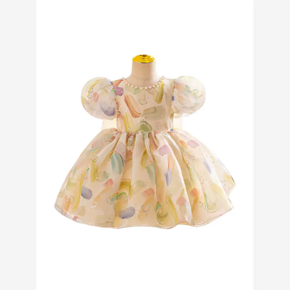 Girls Puff Sleeve Bow Dress - Birthday Party