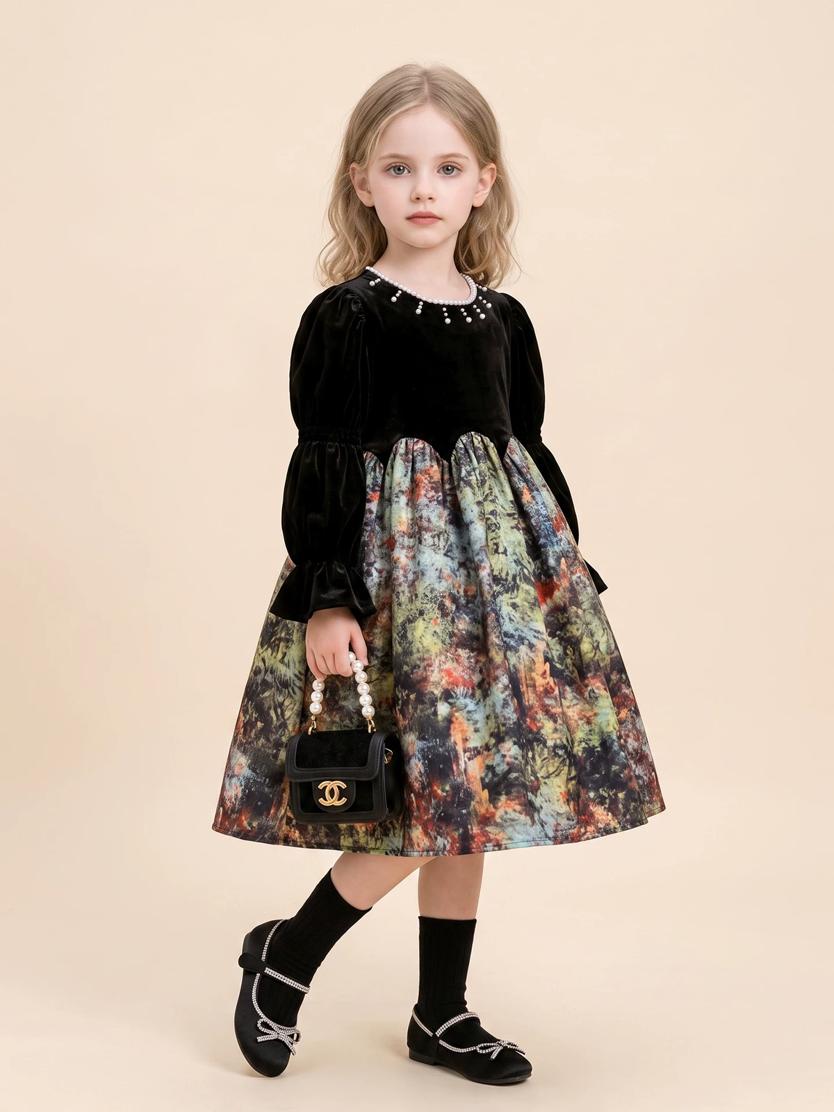 Girls Black Velvet Hepburn Dress - Long Sleeve