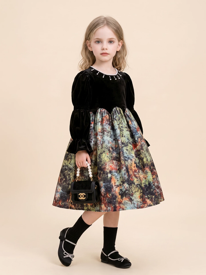 Girls Black Velvet Hepburn Dress - Long Sleeve