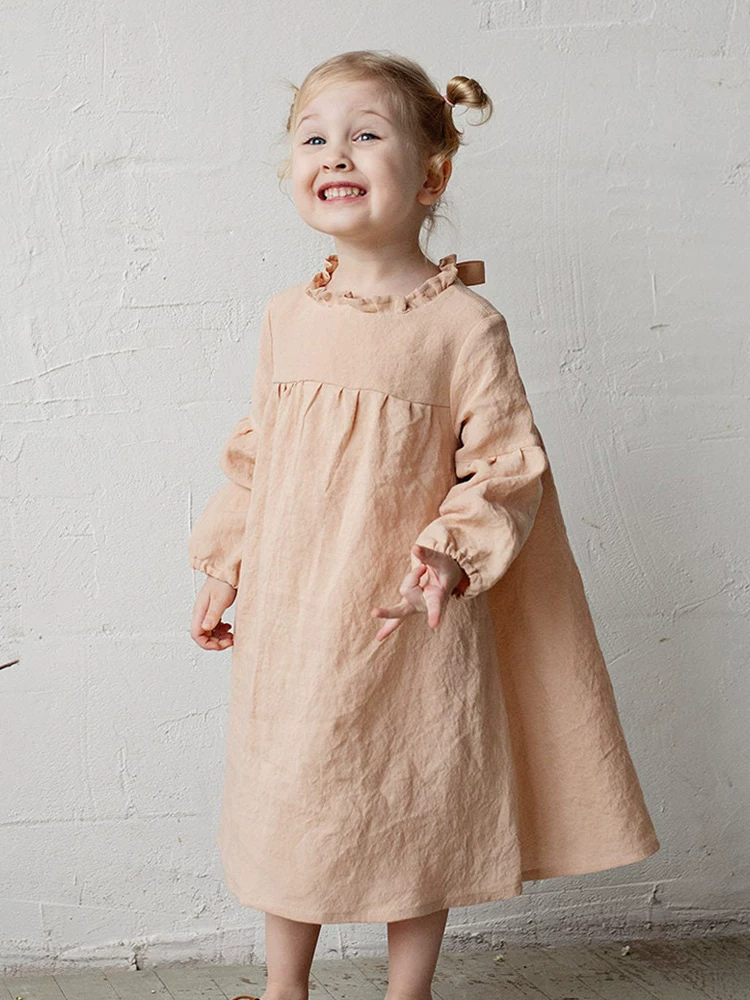 Girls Long Sleeve Babydoll Dress - Bow Lace