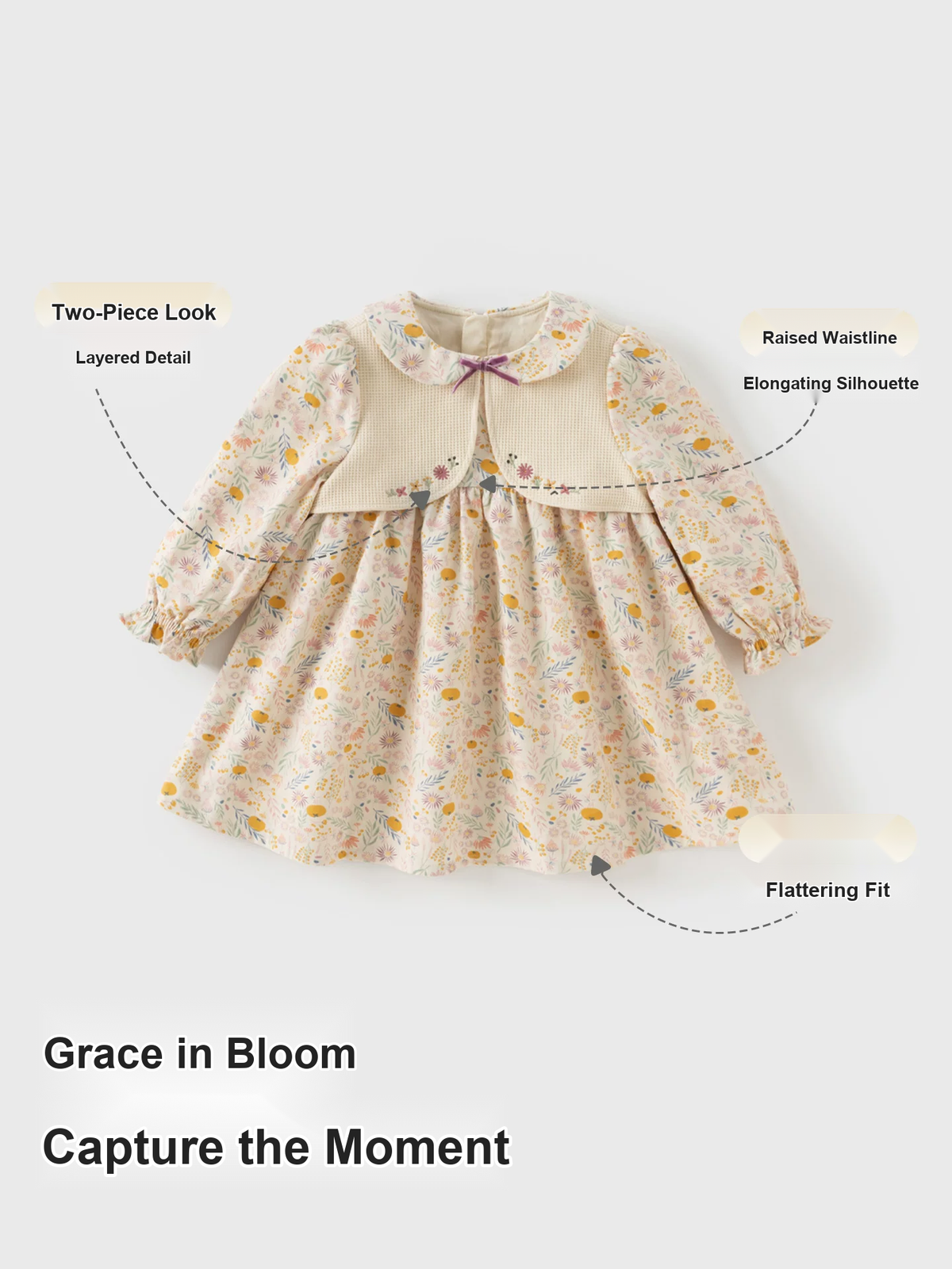 Girls Two-Piece Look Floral Print Dress - Autumn