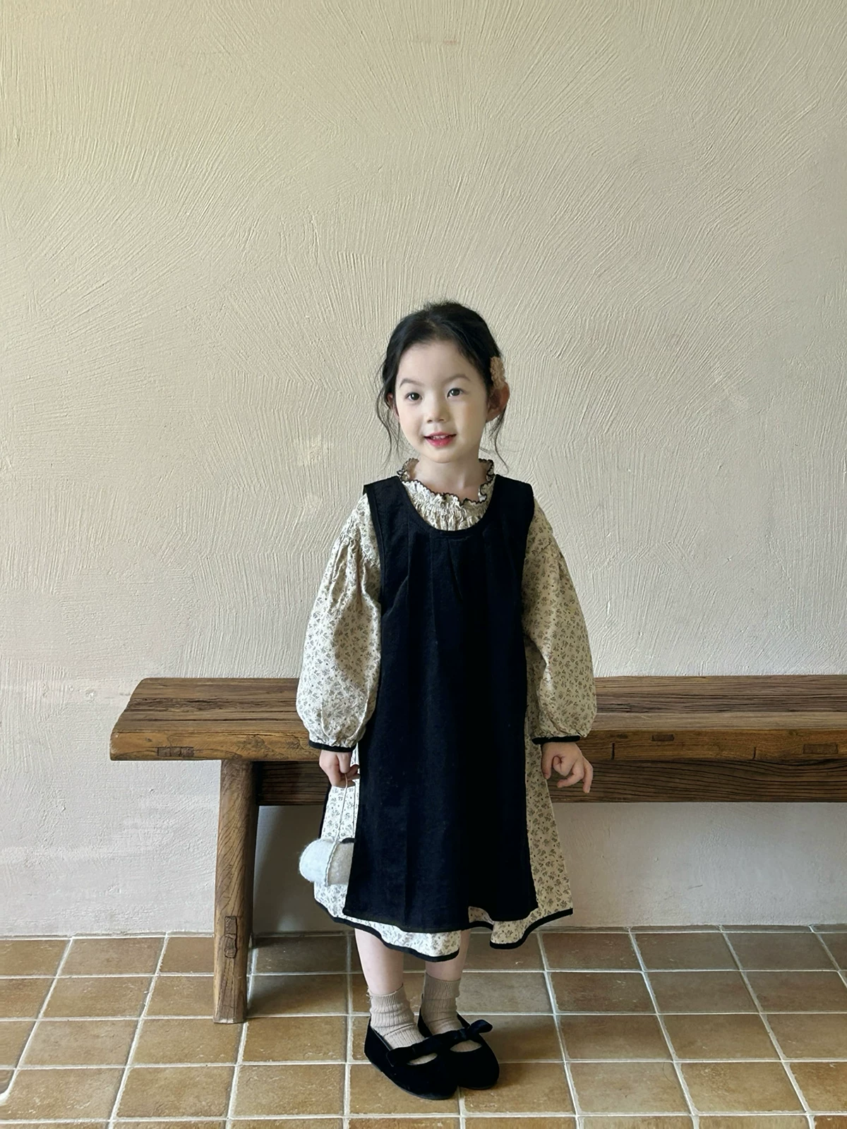Girls Korean Style Dress Set - Pinafore and Floral Dress
