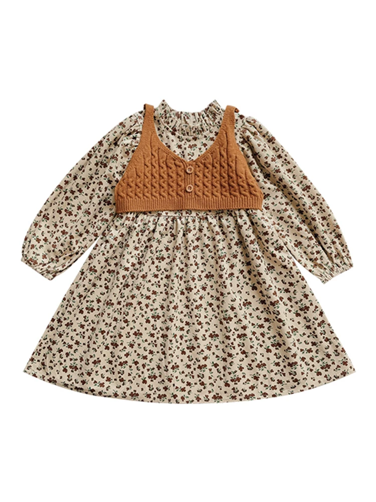 Girls Floral Dress and Knit Vest Set - Corduroy Two-Piece Autumn