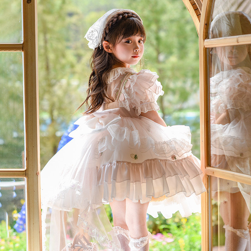 Girls Strawberry Puff Sleeve Birthday Dress - Lolita Twirl Gown