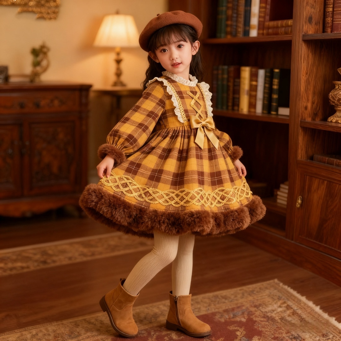 Girls Preppy Plaid Lolita Dress - Fleece-Lined Birthday Gown with Leggings Options