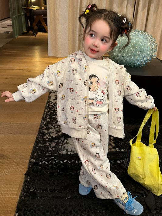 Girls Cartoon All-Over Print Hoodie & Pants Set - Autumn Two-Piece with Bonus Tee