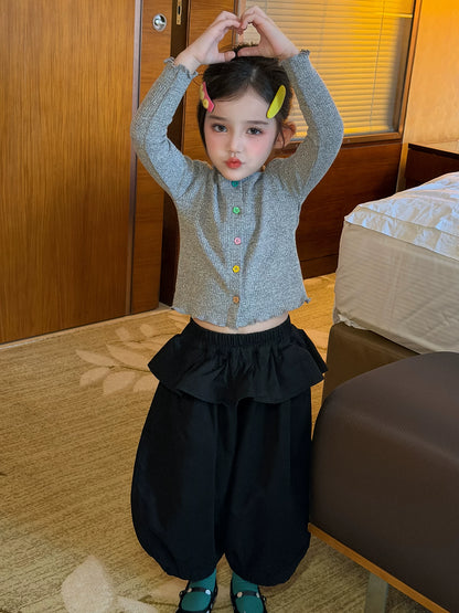 Girls Colourful Button Cardigan & Lantern Pants Set - Korean Layering