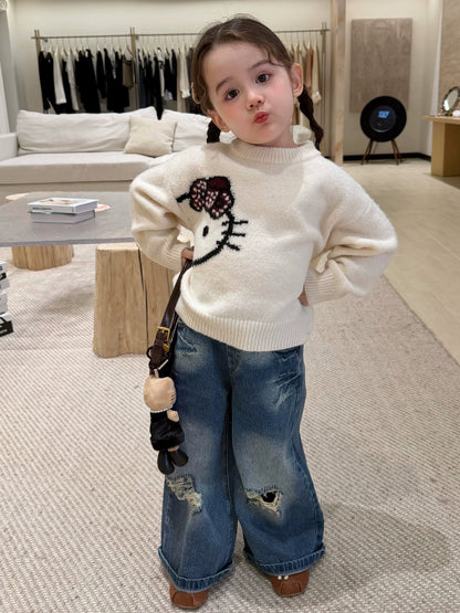 Girls Kitty Cartoon Sweater & Jeans Set - Soft Knit Autumn Two-Piece