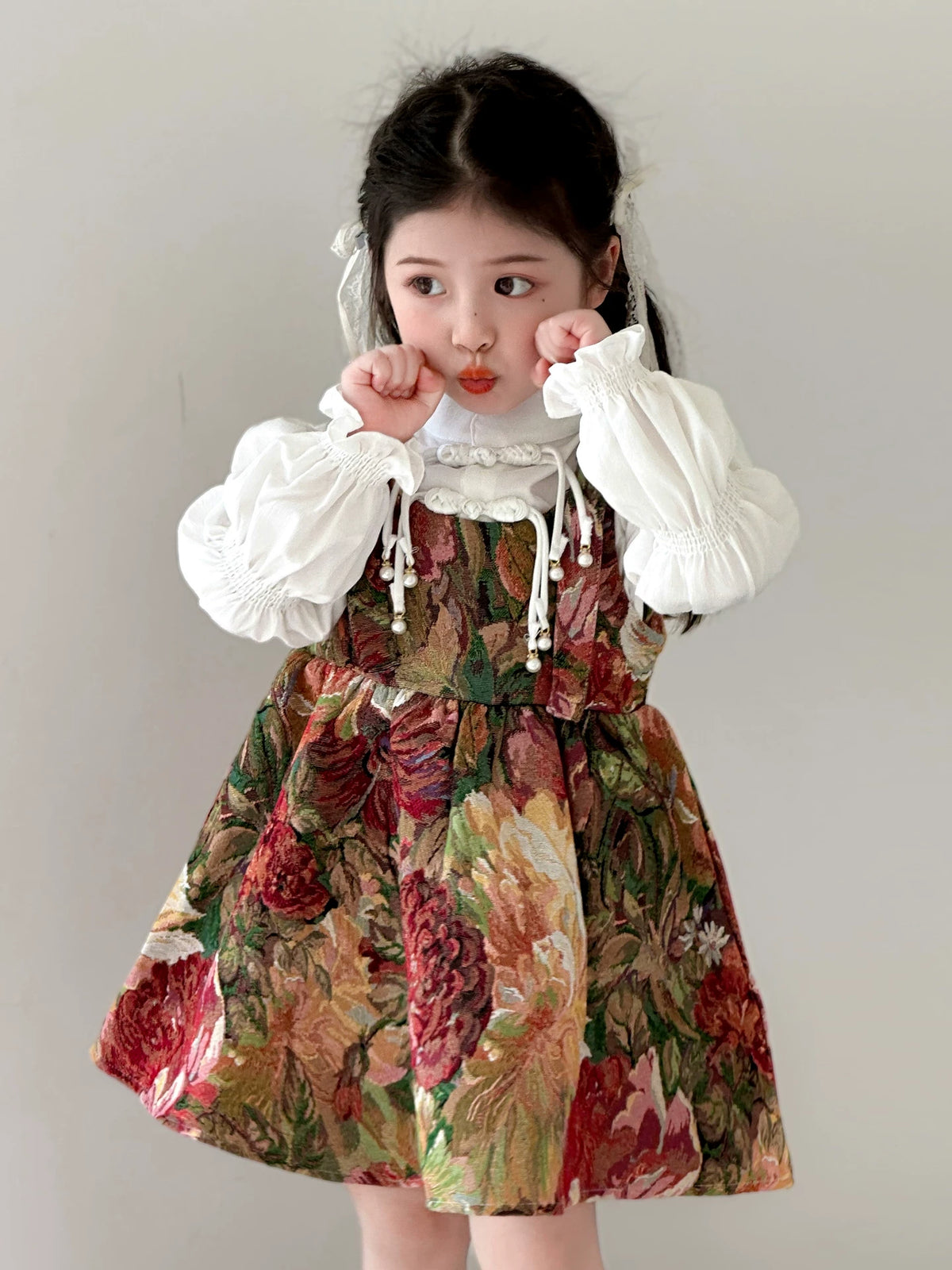 Chinese ink painting two-piece dress set for girls, front view