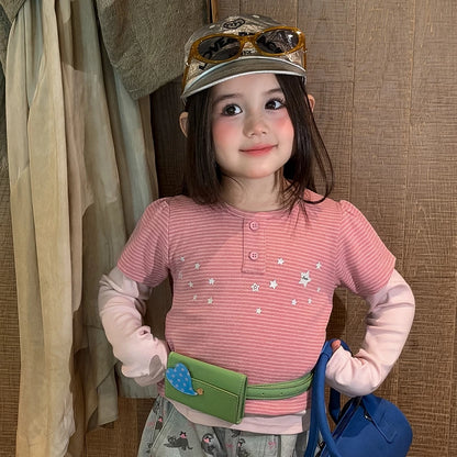 Girls Striped Star Tee Two-Piece & Cartoon Cargo Pants Set - Autumn Mix & Match