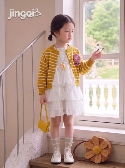 Girls Knit Cardigan and Princess Dress Set - Striped Autumn Two-Piece