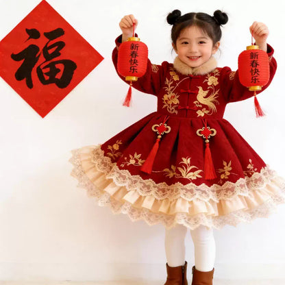 Girls Peace-Knot Fleece-Lined New-Year Dress - Embroidered Tang-Style Princess Gown