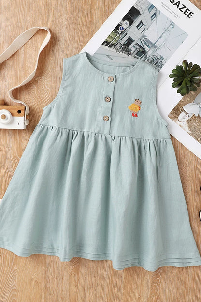 Girls Sleeveless Linen Dress - Alice Embroidery Summer