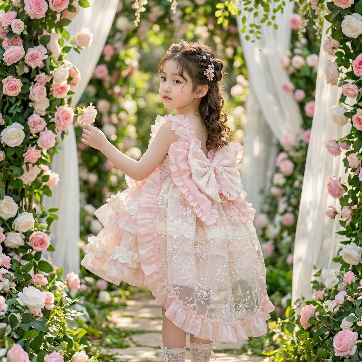 Girls Flower-Fairy Couture Lolita Dress - Puffy Birthday Princess Gown with Train Options