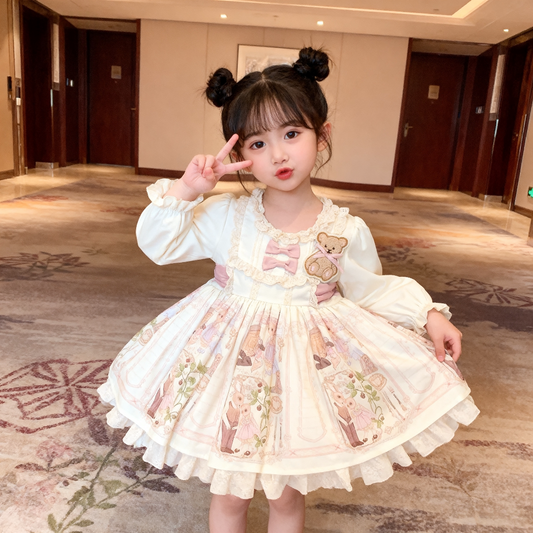 Girls Apricot Fleece-Lined Lolita Dress - Sweet Birthday Princess Gown with Leggings Options