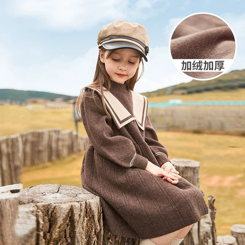 Girls Fleece-Lined Knit Dress - Preppy Princess Sweater Dress