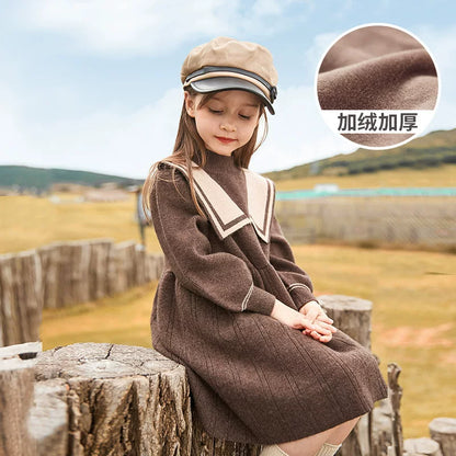Girls Fleece-Lined Knit Dress - Preppy Princess Sweater Dress