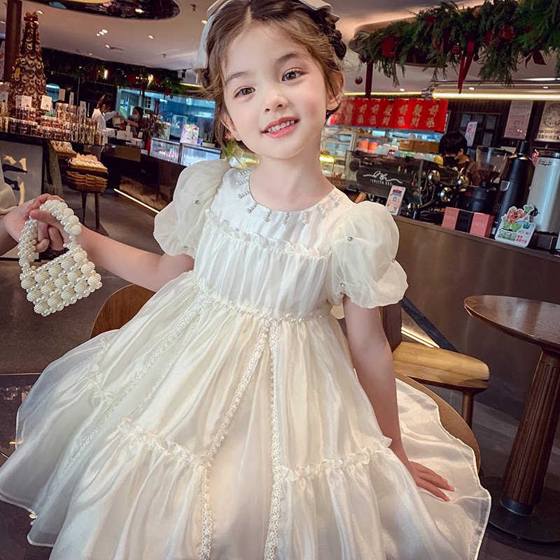 Girls French-Style Puff-Sleeve Dress - Chic Princess Dress