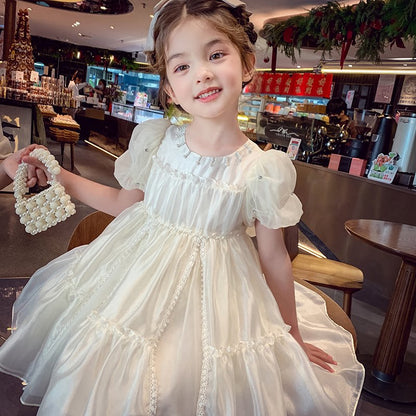 Girls French-Style Puff-Sleeve Dress - Chic Princess Dress