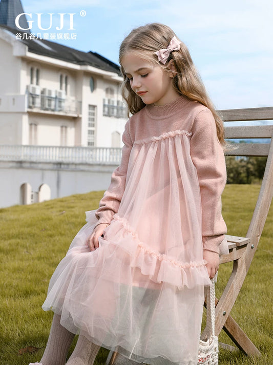 Girls Mesh-Overlay Knit Dress - Soft Tulle Princess Dress