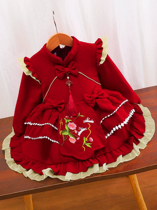 Girls Fleece-Lined New-Year Lolita Dress - Wine Red / Pink Princess Gown
