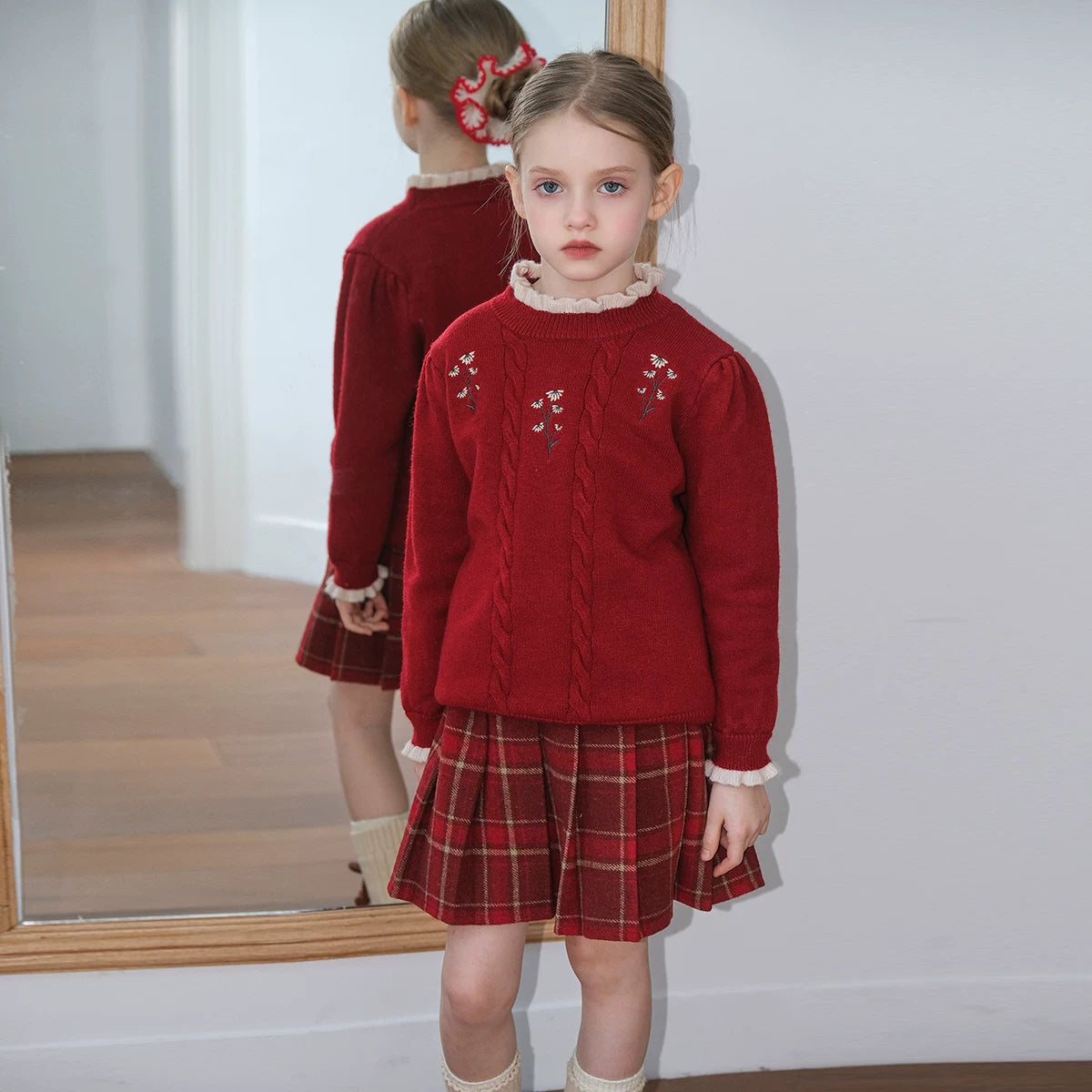 Girls Hand-Knit Crew-Neck Sweater - Embroidered Lace-Trim Pullover