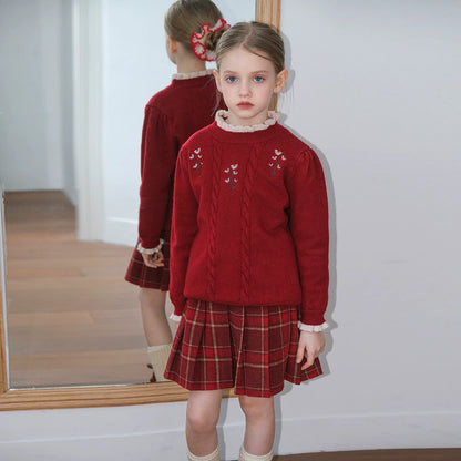 Girls Hand-Knit Crew-Neck Sweater - Embroidered Lace-Trim Pullover